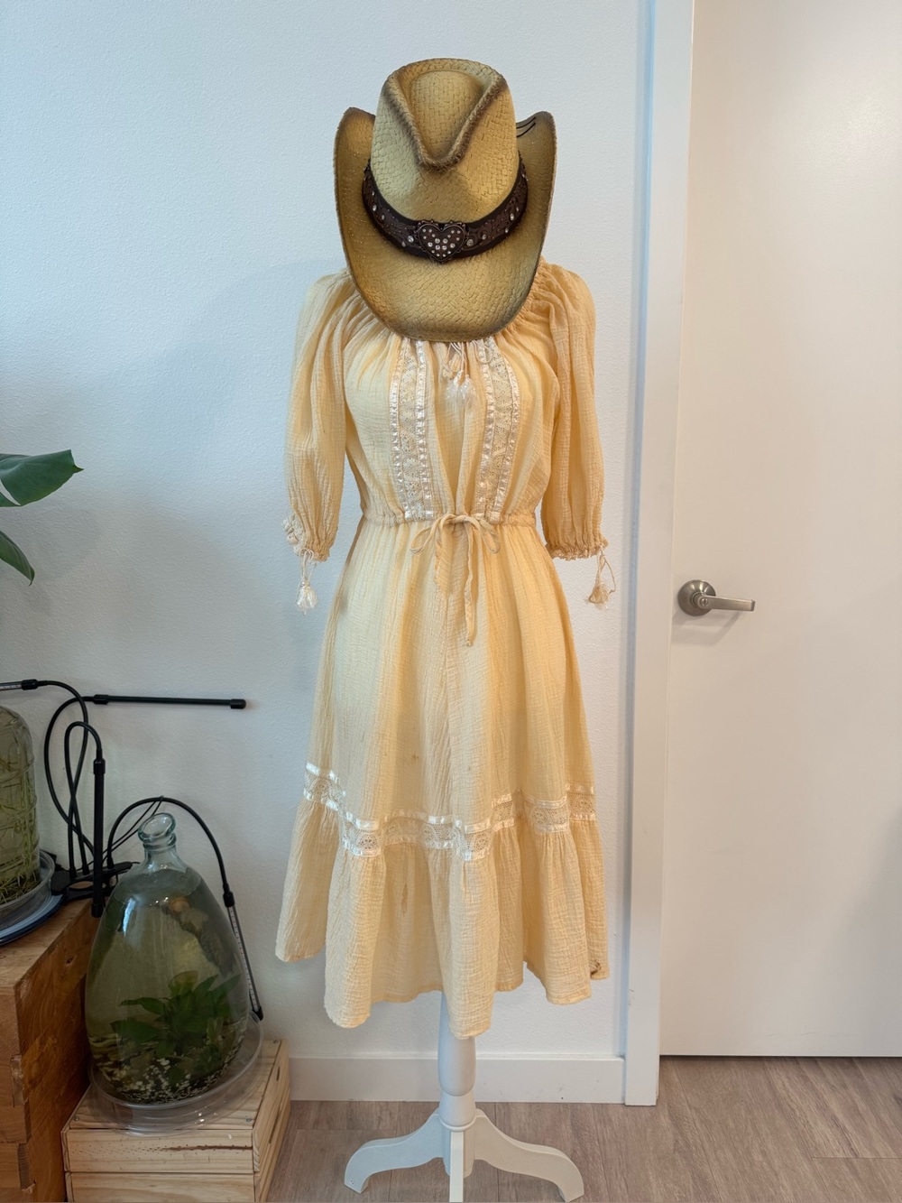 Light Yellow Boho Tiered Midi Dress with Drawstring Waist